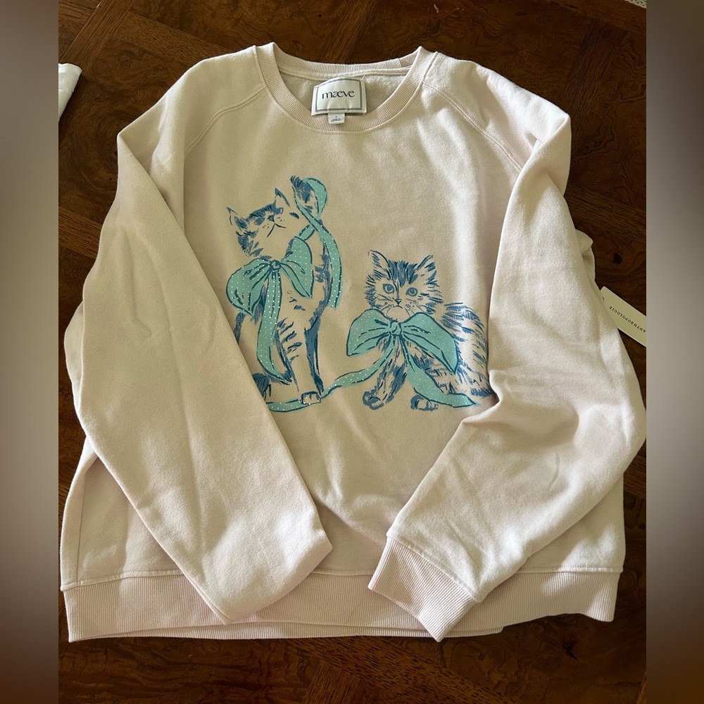 Maeve tan Kitten Pullover Sweatshirt size small NWT oversized